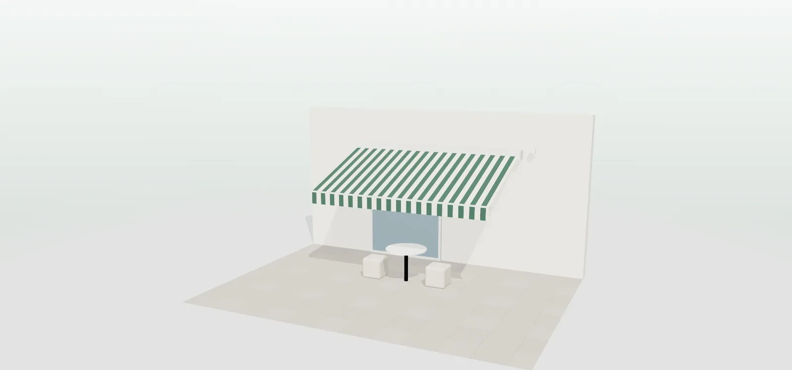 Toldo extendido con lona de rayas verdes y blancas sobre el escaparate de un local, con mesa y taburetes, en el configurador 3D de toldos