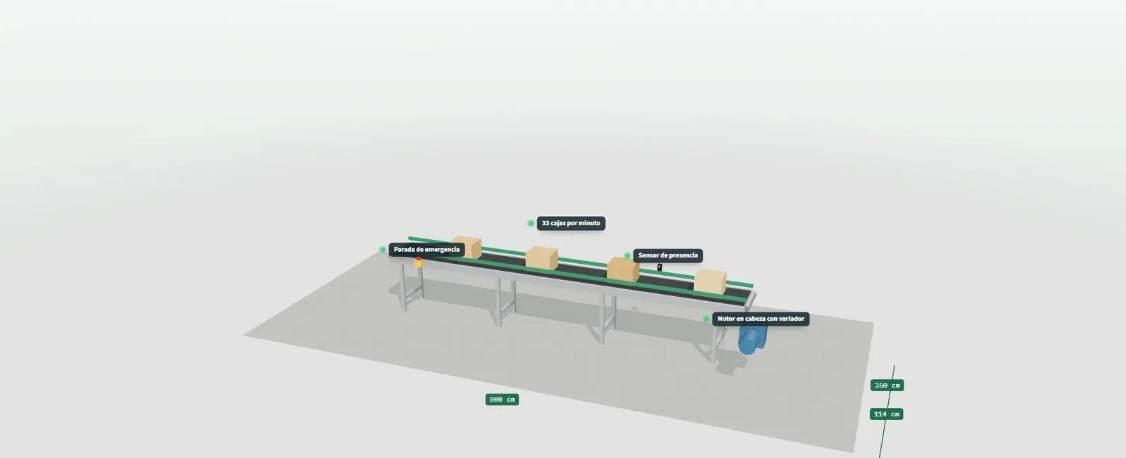 Cinta transportadora en 3D con cajas avanzando y etiquetas de parada de emergencia, sensor de presencia, motor en cabeza con variador y cajas por minuto, con sus cotas