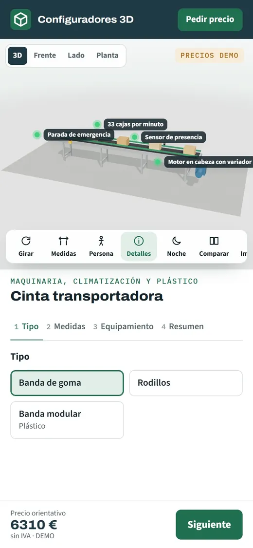 Configurador de cintas transportadoras abierto en el móvil, con la cinta en 3D y sus opciones de equipamiento
