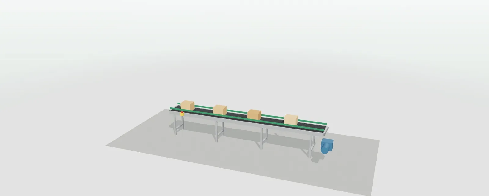 Cinta transportadora de banda en 3D con cajas, guías laterales verdes, patas y motor en cabeza