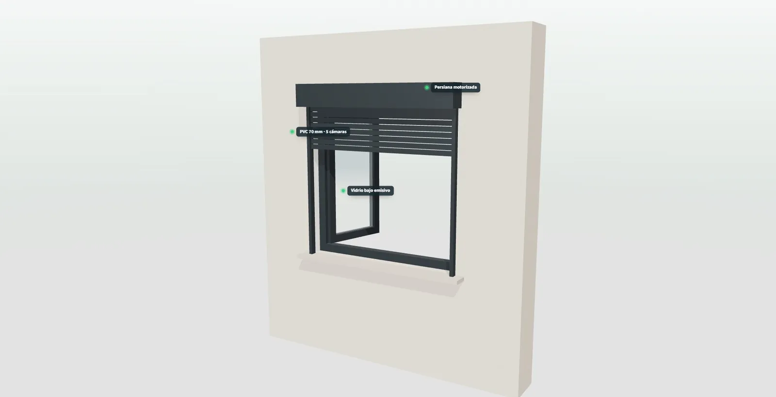 Ventana en gris antracita con una hoja abierta en 3D y etiquetas de persiana motorizada, perfil de PVC y vidrio bajo emisivo