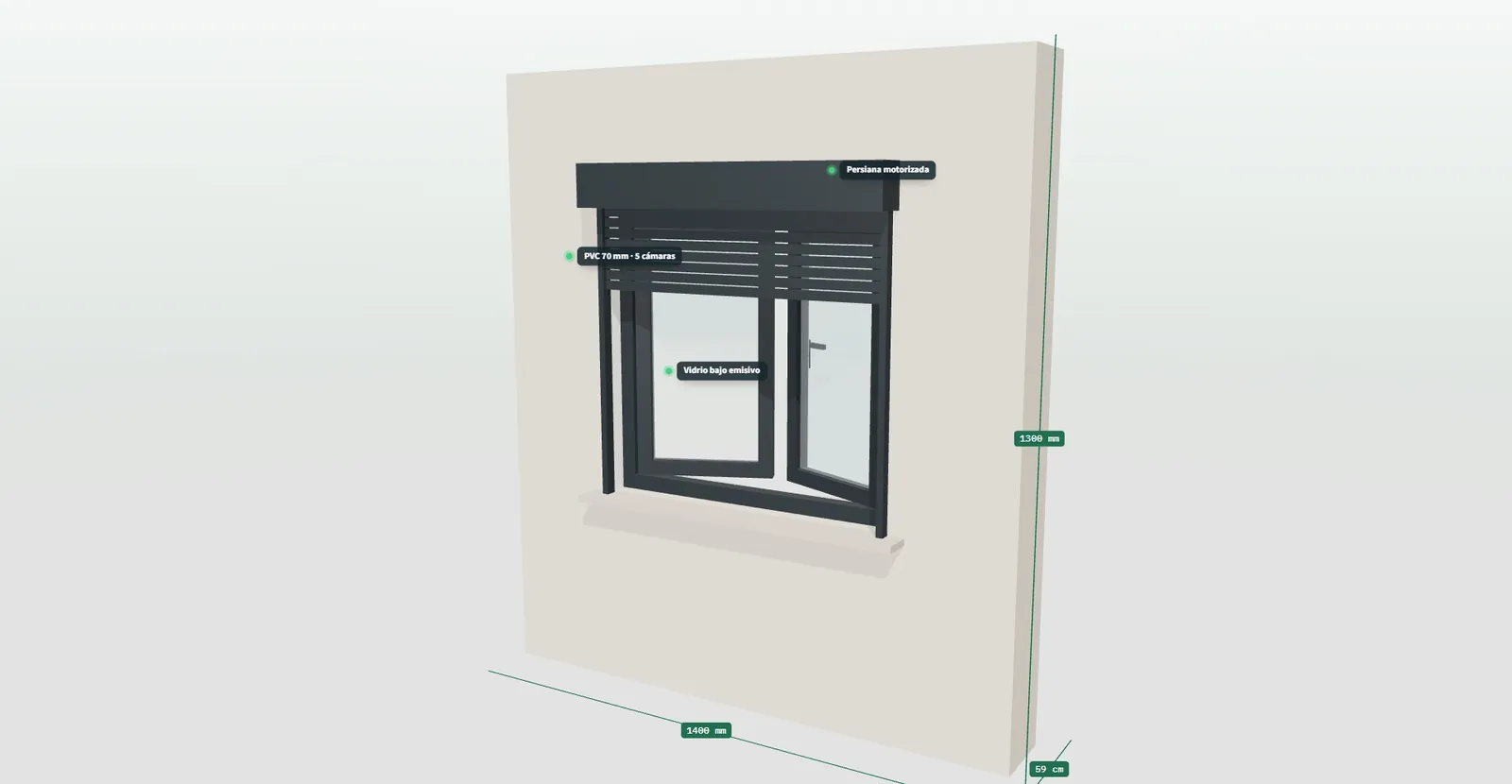 Detalle de la ventana en 3D con etiquetas que explican el perfil, el vidrio bajo emisivo y la persiana con cajón