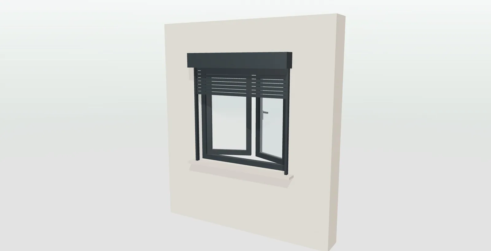 Ventana practicable de dos hojas en gris antracita con persiana y cajón exterior en el configurador 3D de ventanas