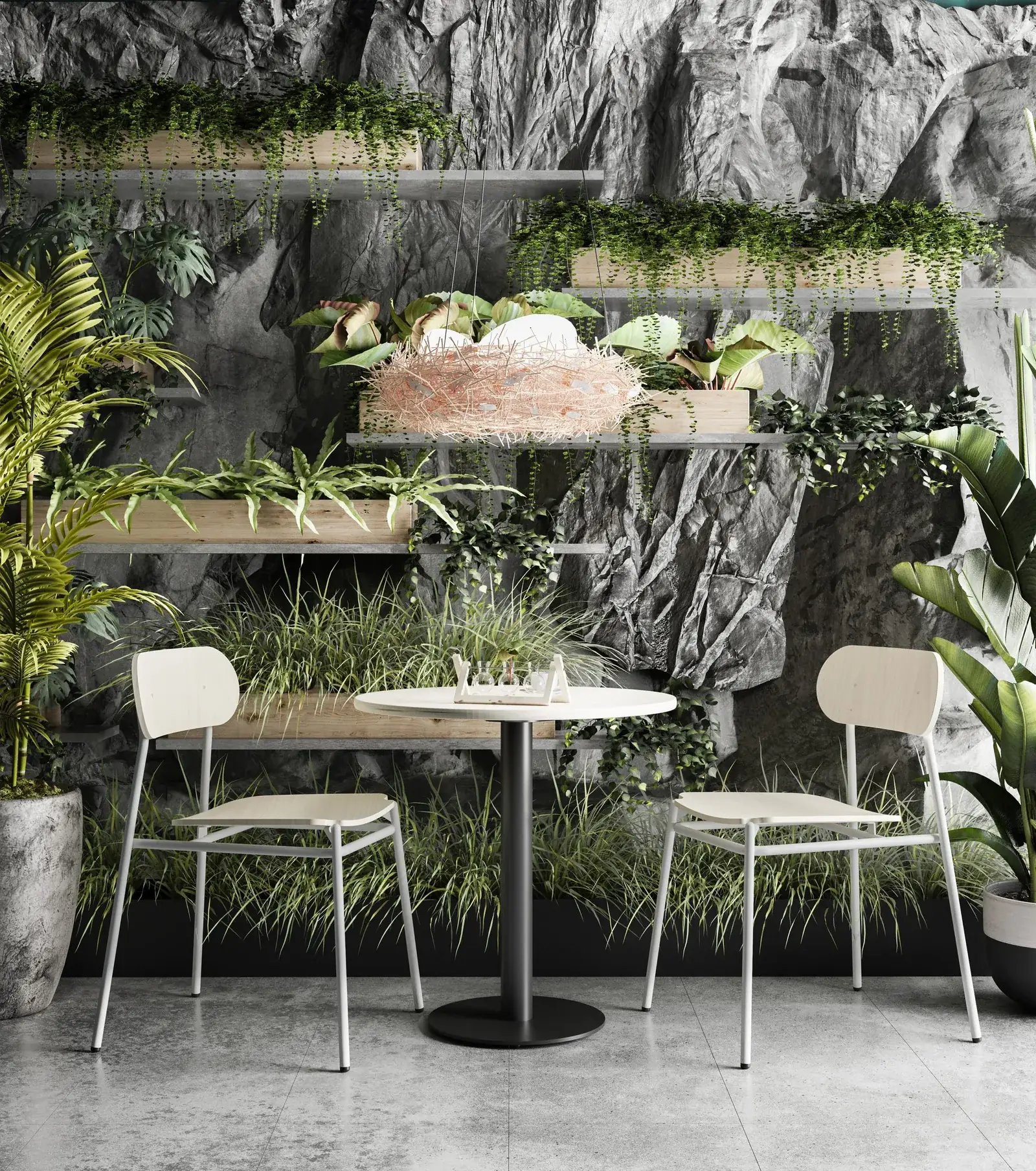 Render de mesa redonda con dos sillas de madera clara y metal blanco ante un muro de roca con jardineras colgantes