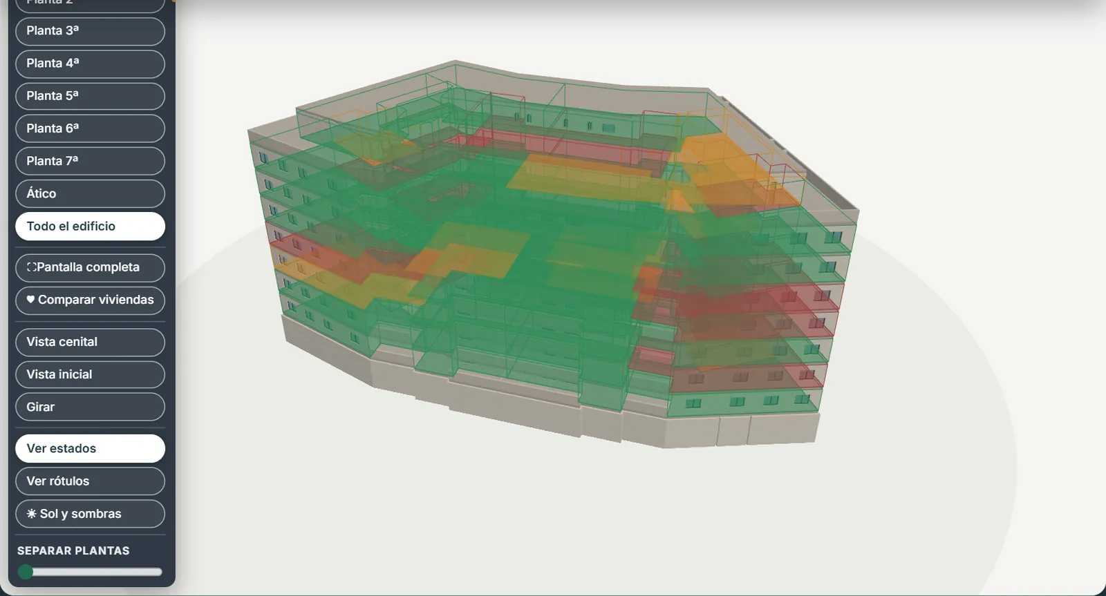 Edificio 3D coloreado por disponibilidad para enseñarlo en la oficina de ventas