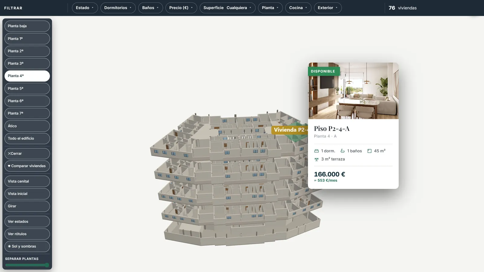 Edificio 3D con las plantas separadas y la tarjeta de una vivienda de la cuarta planta