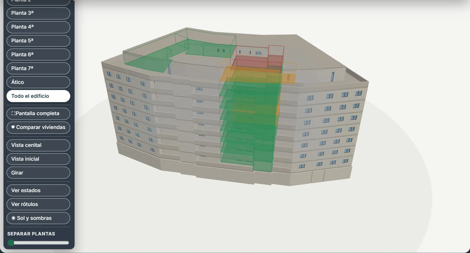 Edificio 3D del showroom con solo las viviendas de tres dormitorios iluminadas tras aplicar el filtro