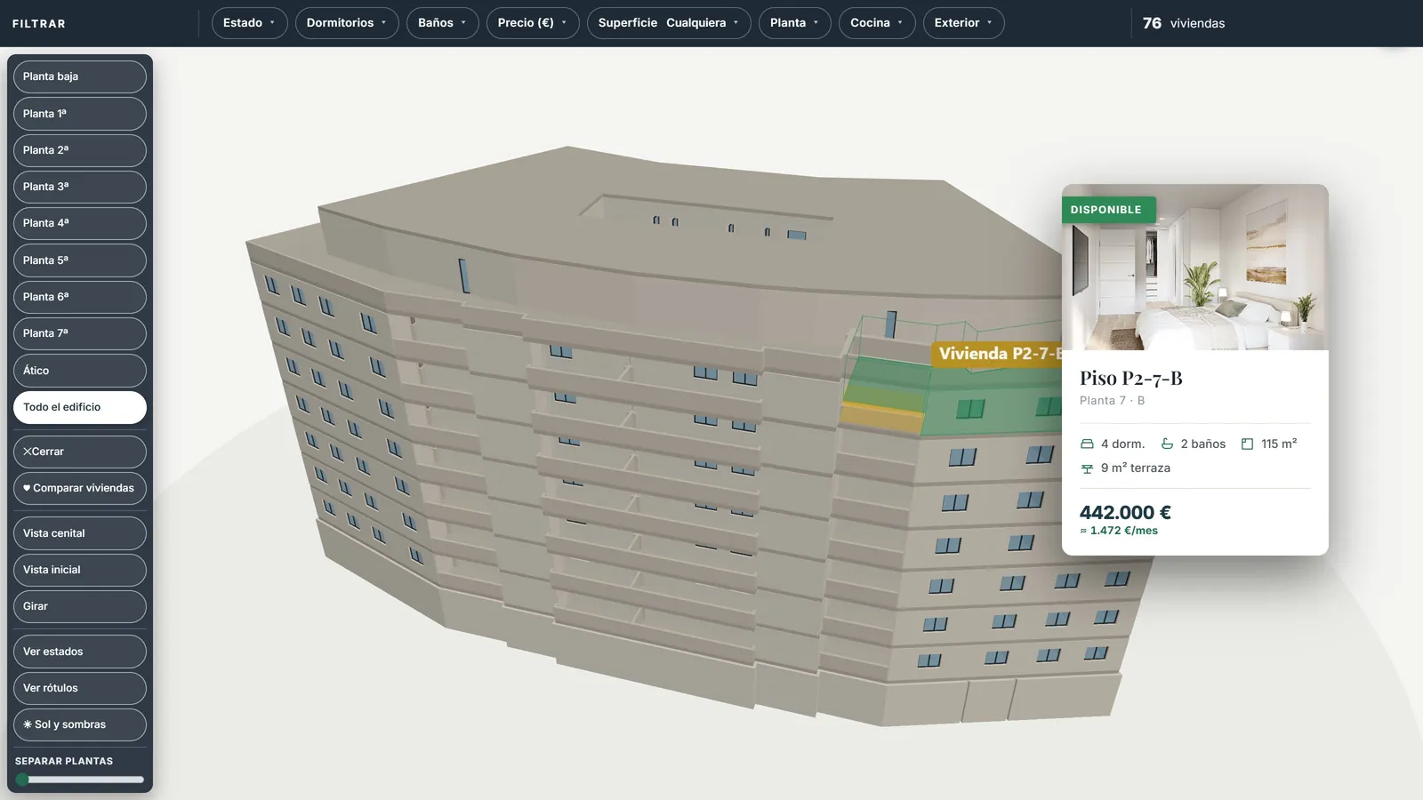 Edificio 3D con una vivienda iluminada y su tarjeta con estado, dormitorios, superficie, terraza, precio y cuota mensual