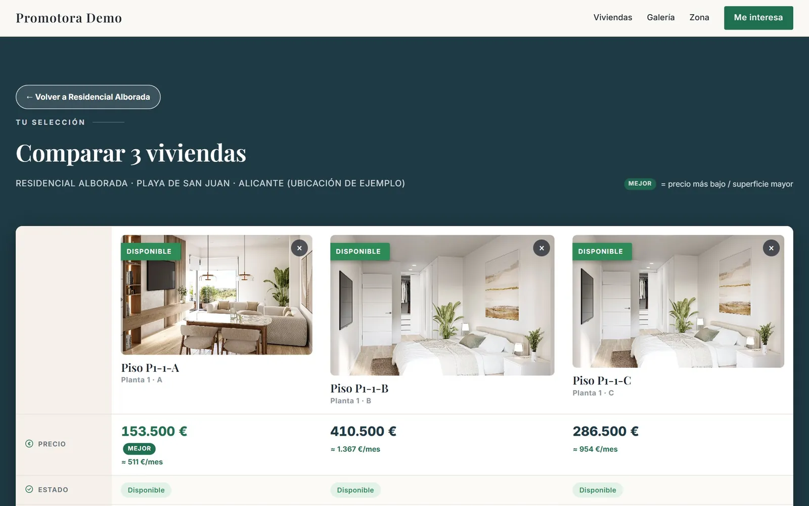 Comparador del showroom con tres viviendas lado a lado, sus precios, cuotas y estados