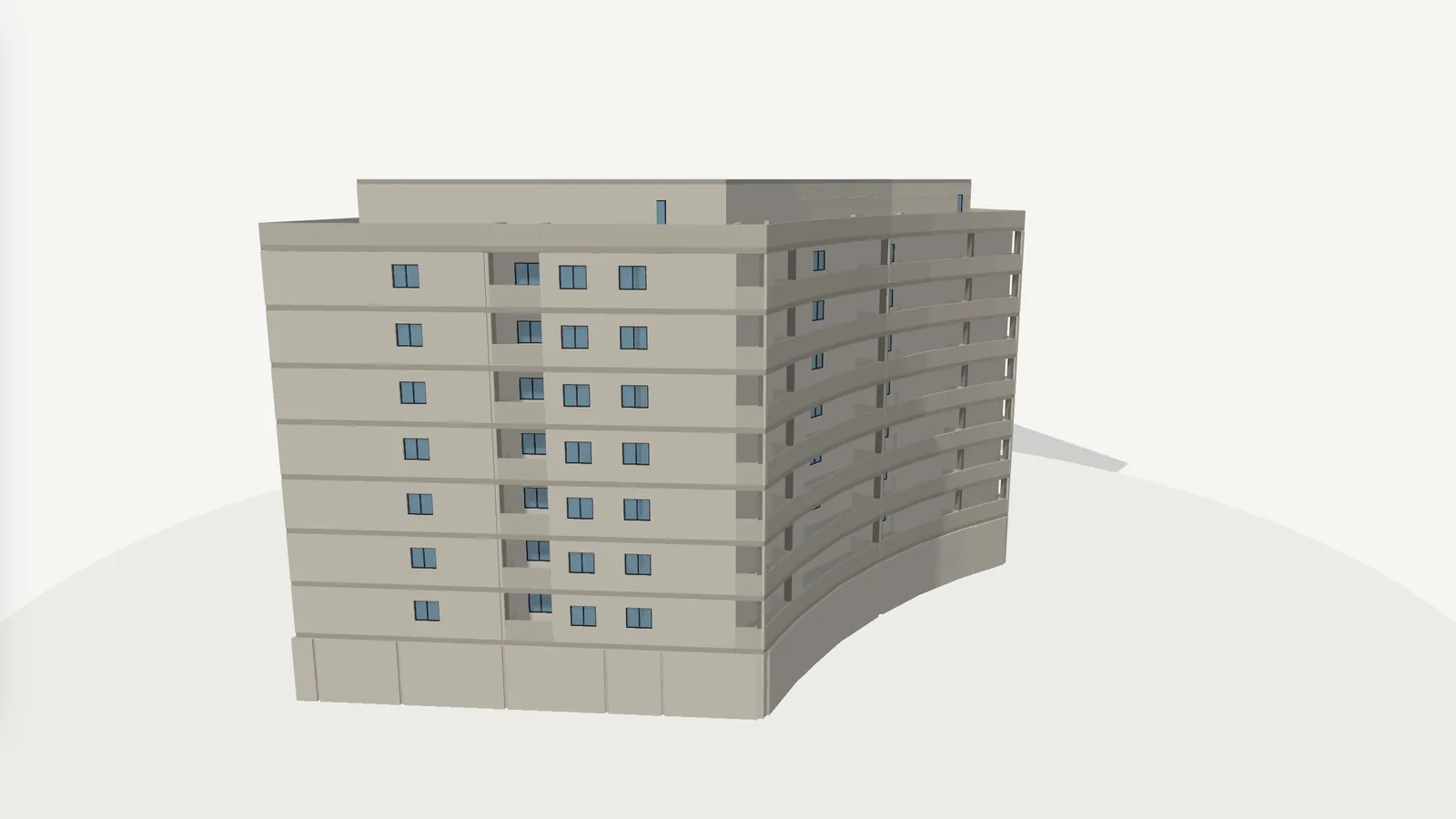 Modelo 3D del edificio residencial de la demo, con planta baja, siete alturas y áticos