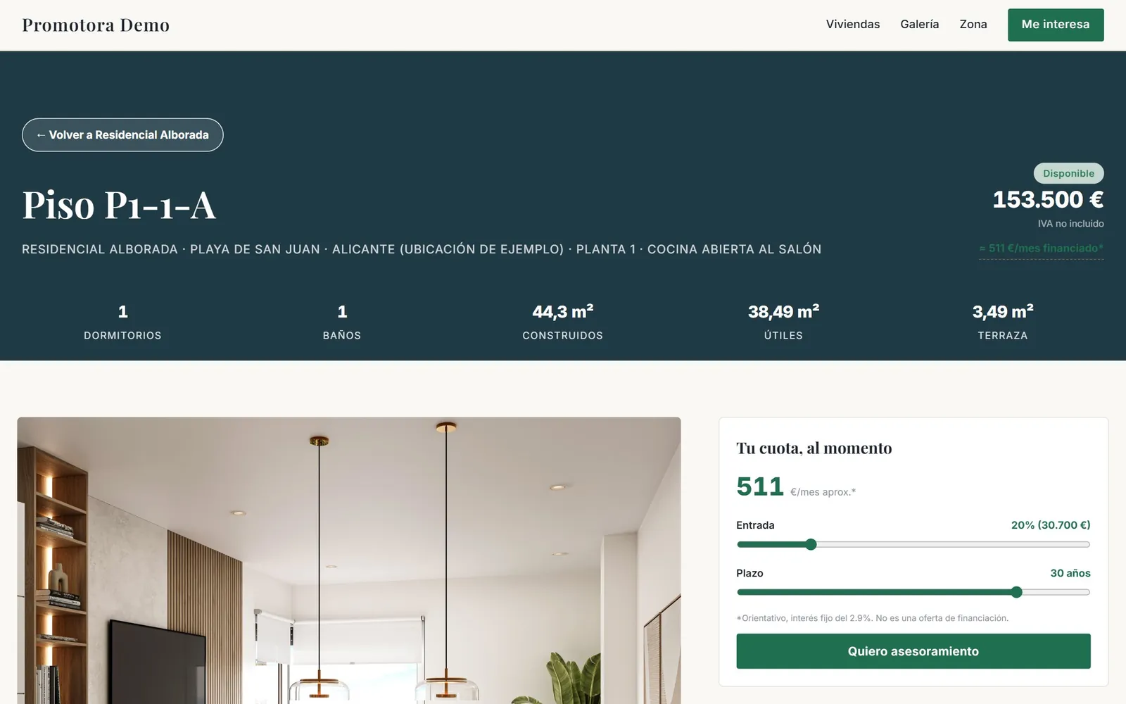 Ficha de una vivienda con dormitorios, baños, superficies, terraza, precio y la cuota mensual calculada