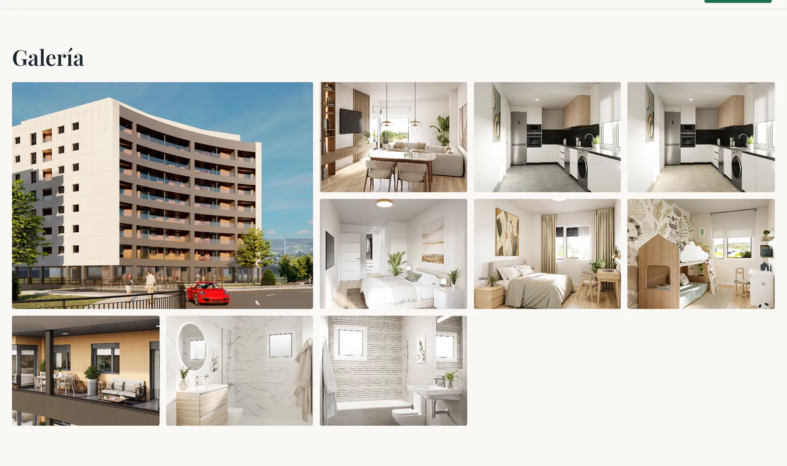 Galería de la promoción con renders de fachada, salón, cocina, dormitorios, baños y terrazas