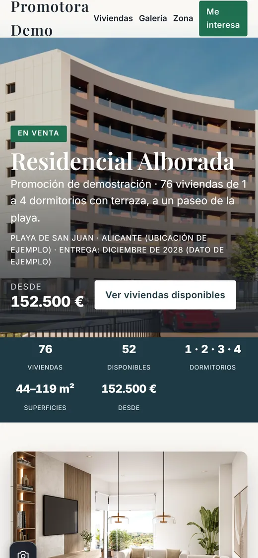 Portada del showroom de la promoción en la pantalla de un móvil