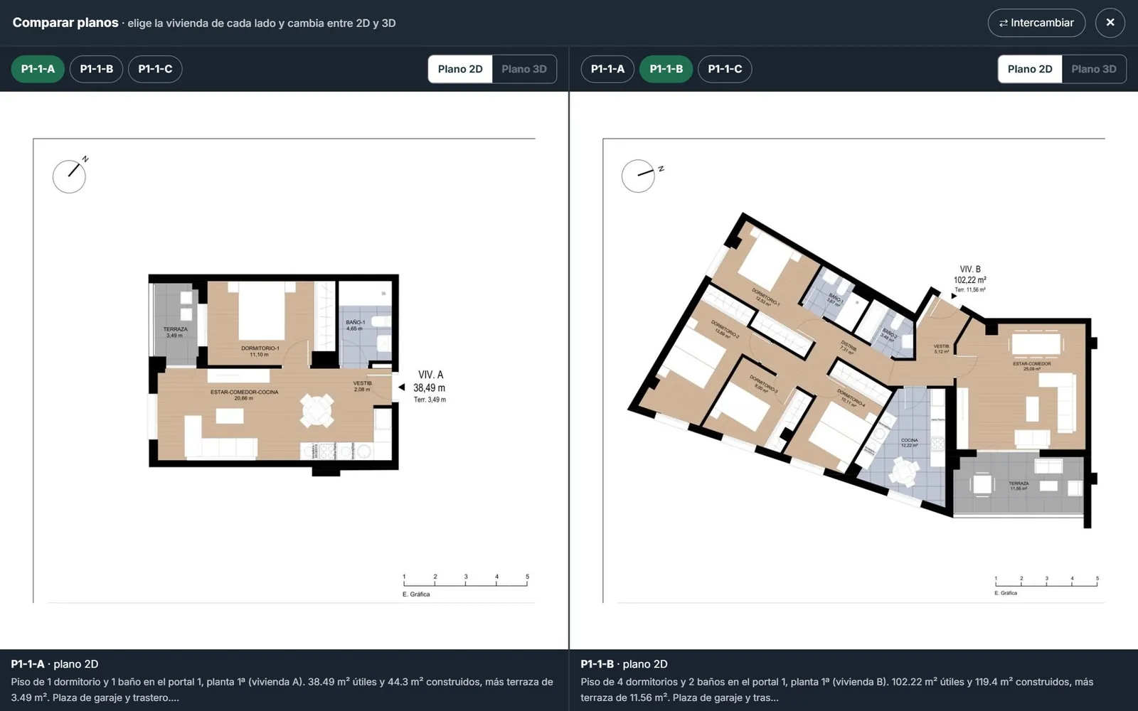 Dos planos de vivienda enfrentados en pantalla partida para compararlos