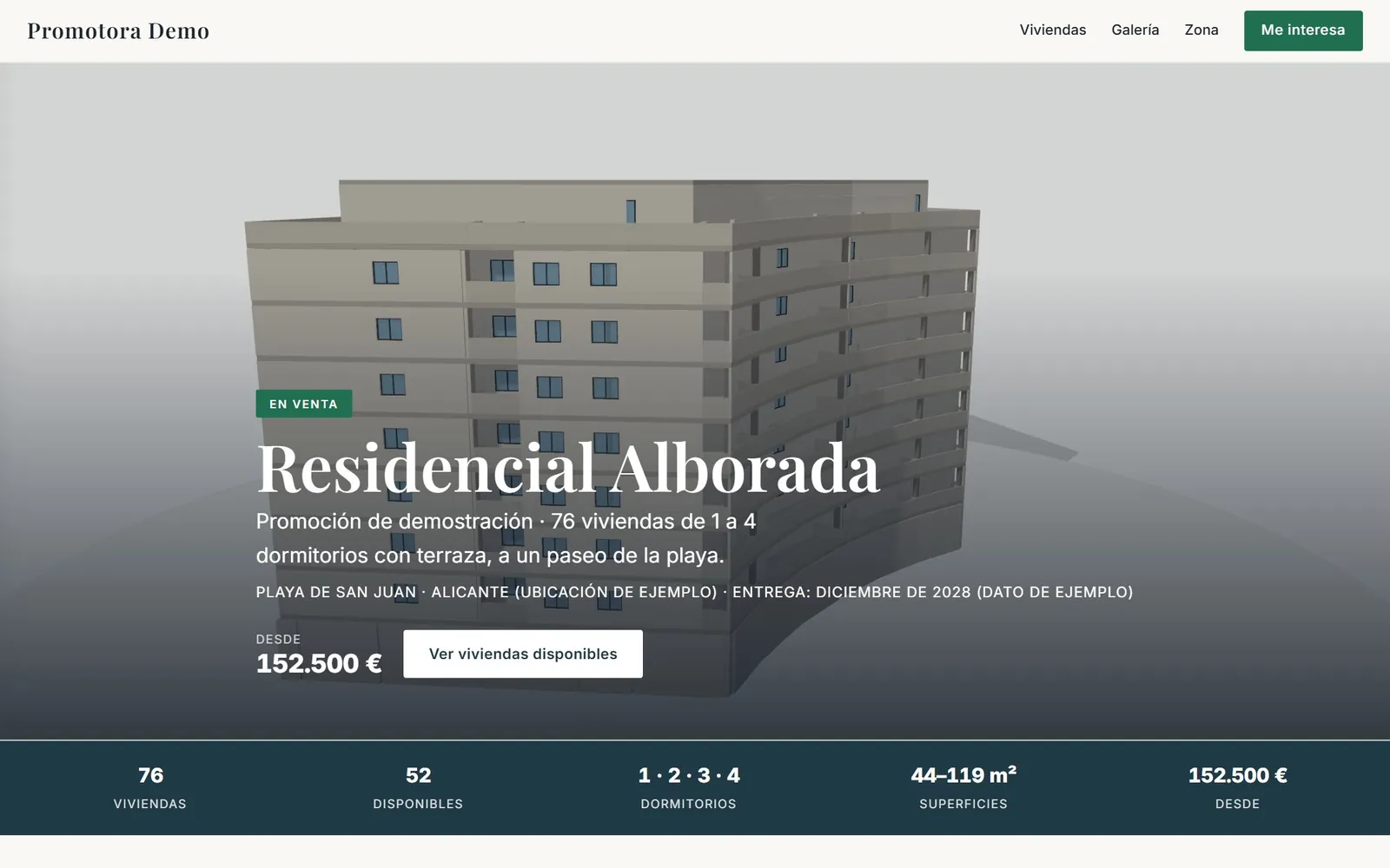 Portada del showroom de la promoción de demostración con el edificio, el precio desde y las cifras de viviendas disponibles