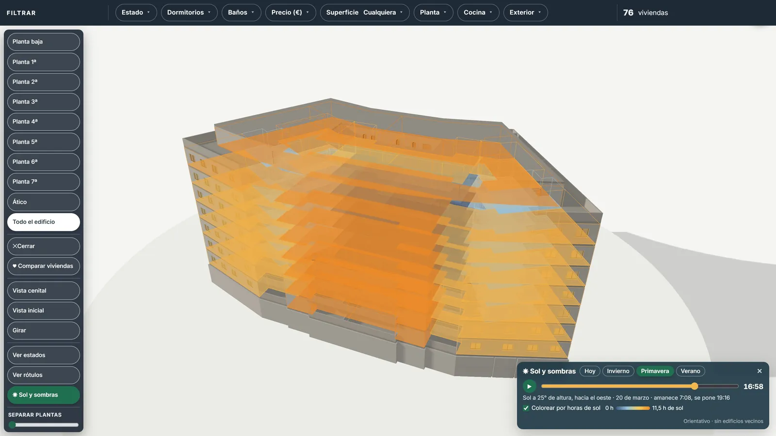 Edificio 3D coloreado según las horas de sol de cada vivienda, con el panel de día, hora y época del año