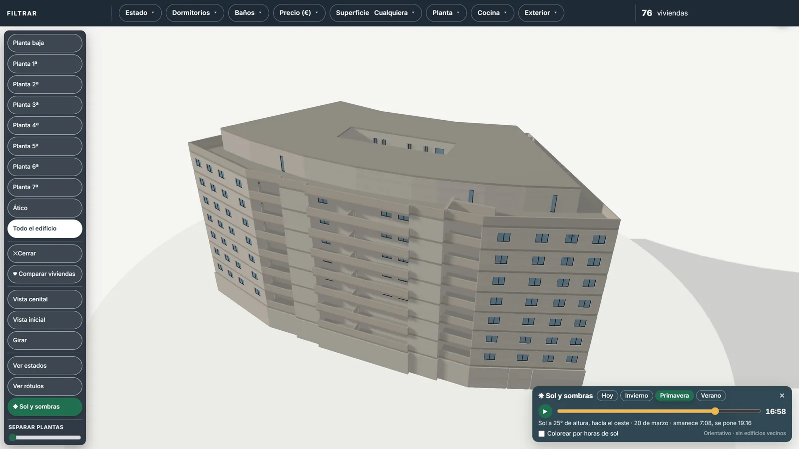 Edificio 3D iluminado con el sol de la tarde y el panel de sol y sombras